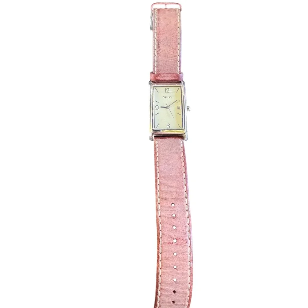 VTG‎ DKNY Quartz Watch Pink Leather Band Rectangle Face Solid Stainless Steel
